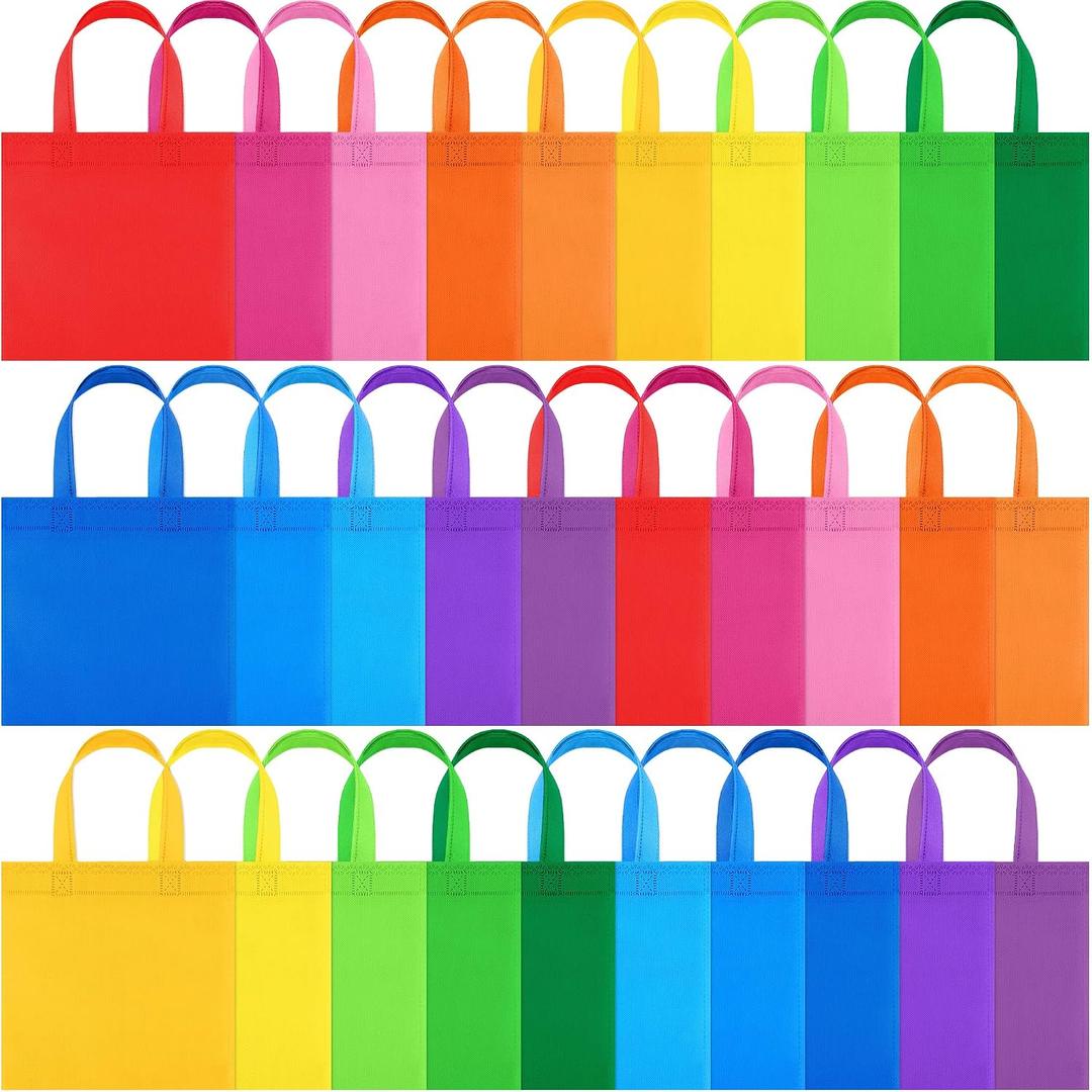 30 Packs Non-woven Party Gift Bags Reusable Goodie Bags 7.97.9 Inch Colorful Tote Treat Bag with Handles Rainbow cloth bags for Wedding Birthday, 1 count