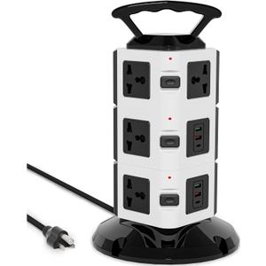 Power Strip Tower with 10 Outlets, 4 USB-A & 2 USB-C Ports, 1875W/15A Heavy Duty Charging Station for Multiple Devices, Plug Tower with 6ft Extension Cord, for Home, Office, Dorm