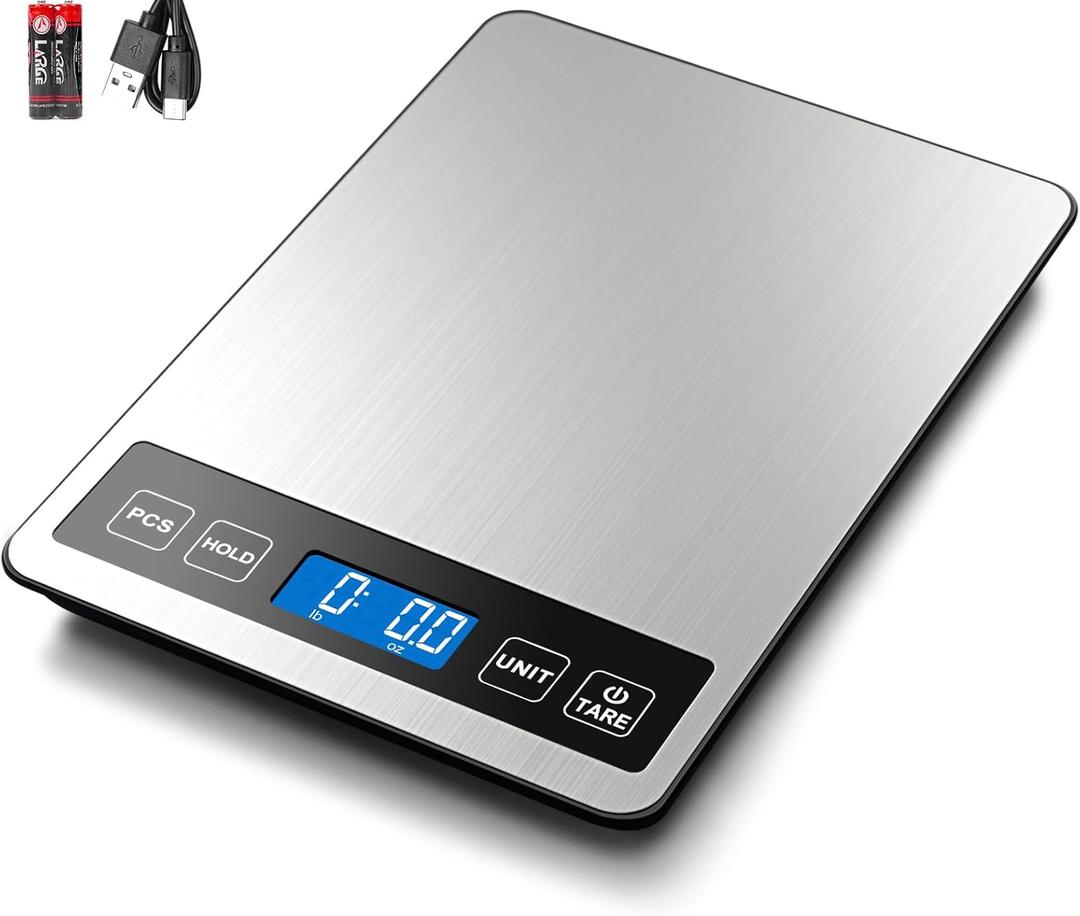 Fuzion Food Scale, 1g/0.1oz Digital Kitchen Scale - 22lb, 7 Units, Tare & PCS, Rechargeable Power, Tempered Glass & Stainless Steel - Food Weight Scale Grams and Ounces for Cooking, Baking (LCD-Piece Counting, Silver)