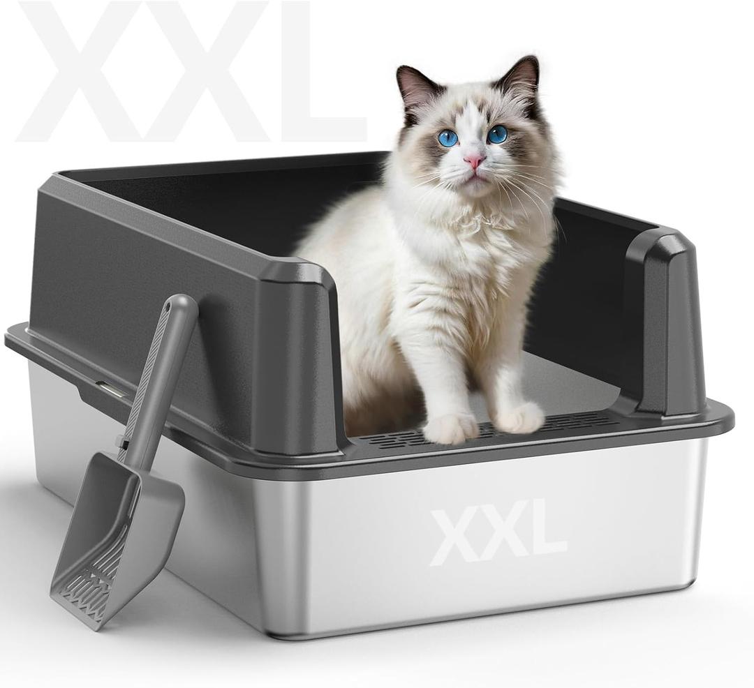 Enclosed Stainless Steel Cat Litter Box with Lid, XL Extra Large Litter Box for Big Cats, Metal Litter Pan High Sided, Never Absorbs Odors, Anti-Urine Leakage, Include Scoop (65-Darkgray)