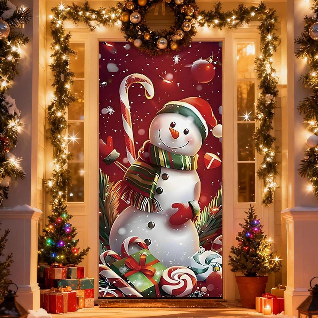 Christmas Door Cover, Elastic New Year Front Door Sleeve Decoration Snowman Porch Sign Christmas Ball Photography Background Banner Holiday Decor(Style 3)