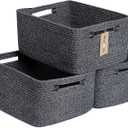 MiniArk Large Storage Baskets for Shelves, Closet Organizers Bins for Clothes Blanket Towels, Baby Nursery, Toy Baskets Box, Woven Rope Baskets, 17 x 13 x 7.5, 3 Packs Dark Gray