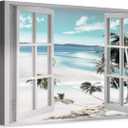 Canvas Windows Picture Wall Art: Beach with Light Blue Coastal Palm Graphic Artwork Print on Canvas Artwork for Living Room (45 x 30 x 1 Panel)