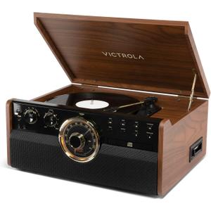 Victrola The Empire Mid-Century 6-in-1 Turntable & Multimedia Center with Built-in Speakers  3 Speed, Bluetooth Connectivity, Radio, Cassette & CD Player, RCA Out, Headphone Jack (Walnut)