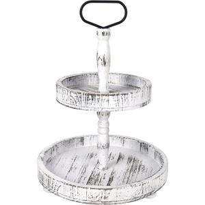 Rustic Wooden Tiered Tray, Farmhouse Decorative Tray, Round Serving Tray with Metal Handle for Home Kitchen Shelf Dinning Table Seasonal Holiday Decorations, White