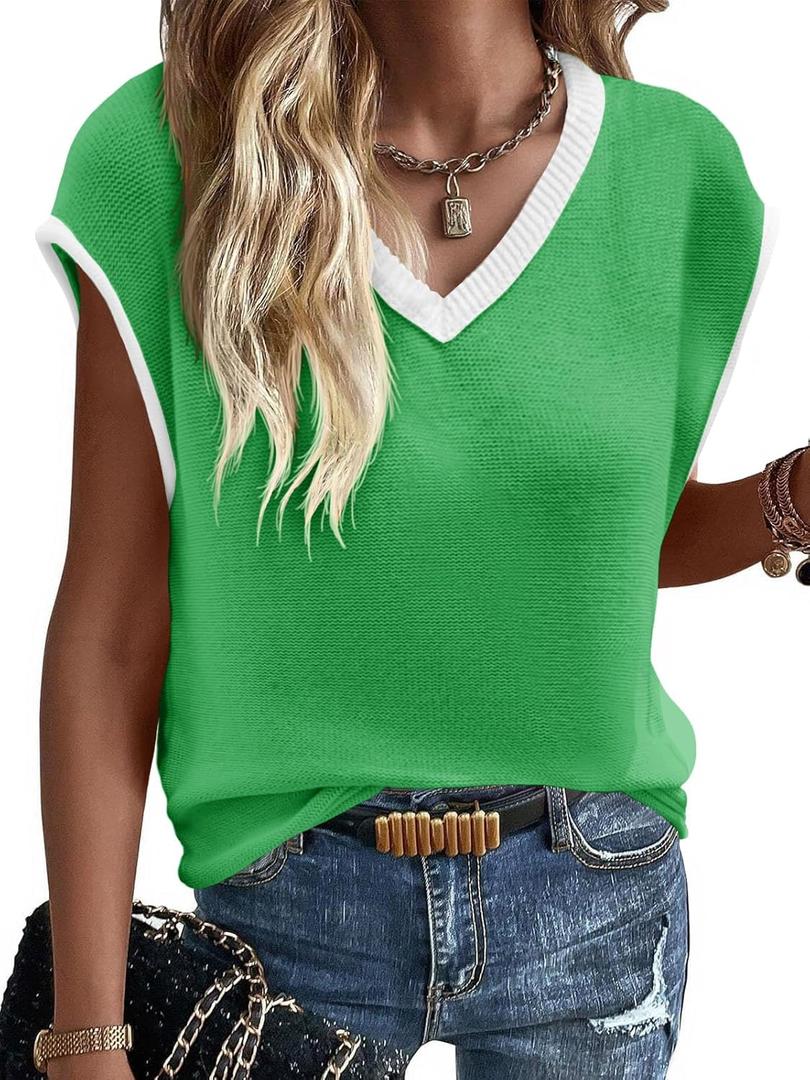 Imily Bela Summer Cap Sleeve Sweater Vest for Women Casual V Neck Sleeveless Knit Pullover Tank Tops 2025 Spring Shirts (Green)