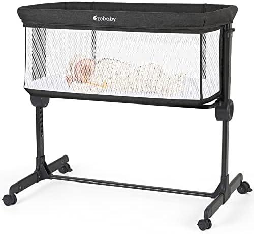 Ezebaby Baby Bassinet with Wheels, Bedside Bassinet Co Sleeper Crib for Newborn Baby Infants with All Mesh Sides and Adjustable 7 Heights, Mattress & Sheet Included