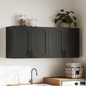 Treocho Black Laundry Room Cabinet with 4 Doors, Modern Bathroom Cabinet Wall-Mounted with Adjustable Shelf, Kitchen Wall Storage Medicine Cabinet for Living Room,Garage