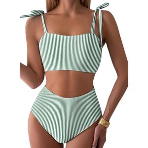 Herseas Womens Two Piece Bikini Sets Striped Shoulder Strap Knot High Waisted Swimsuits Quick Dry Soft Bathing Suit High Elasticity Long Torso Swim Outfits, Small, Green Stripes
