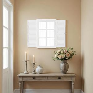 Rustic White Window Mirror with Shutters 16 X 24 Inch, Hanging Farmhouse Wood Frame Rectangle Window Pane Mirror for Wall Decor Living Room Entryway, Door Handles with a Distressed Finish