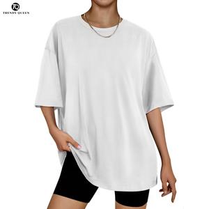 Women Crewneck Loose Fit Tunic Tops Short Sleeve Dressy Casual Summer Long Tee Shirts M TRENDY QUEEN