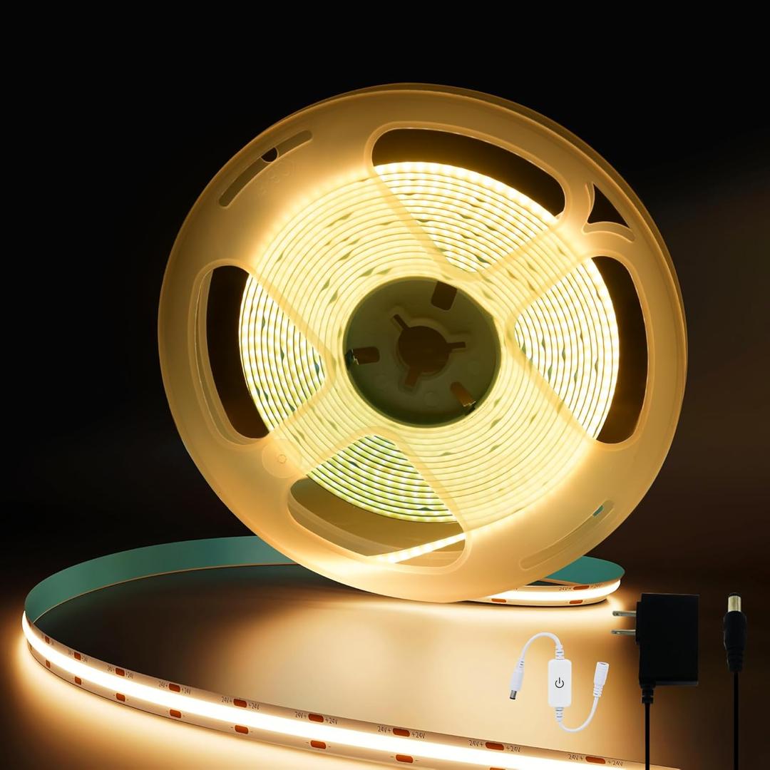 LED Strip Lights 16.4Ft Warm White Light 3000K Dimmable 24V COB Super Bright LED Strip Lights Suitable For Bedroom, Cabinet, TV lights and Home Indoor Decoration led tape lights( With Power Adapter )