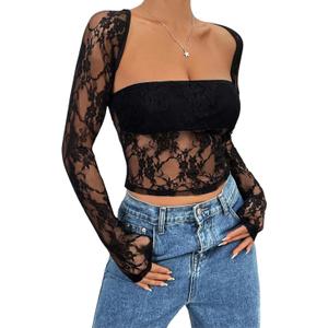 Girece Going Out Tops for Women Long Sleeve 2 Piece Square Neck Tank Top Lace Mesh Sheer Crop Tops Strapless Shirts (Black)