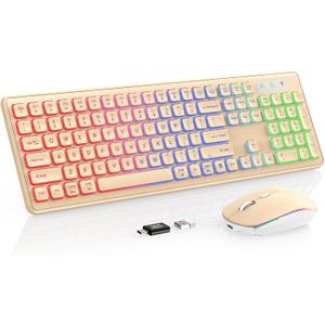 Wireless Keyboard and Mouse Combo, RGB Backlit, Rechargeable & Light Up Letters, Full-Size, Soft Typing, Sleep Mode, 2.4GHz Quiet Keyboard Set for Mac, Windows, Laptop, PC, Trueque (Warm Sand)