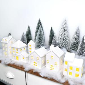 Ceramic Christmas Village Houses 5 Pcs White Houses & 9 Pcs Trees & Fake Snow Farmhouse Christmas Decorations Indoor for Home Table Mantle Fireplace