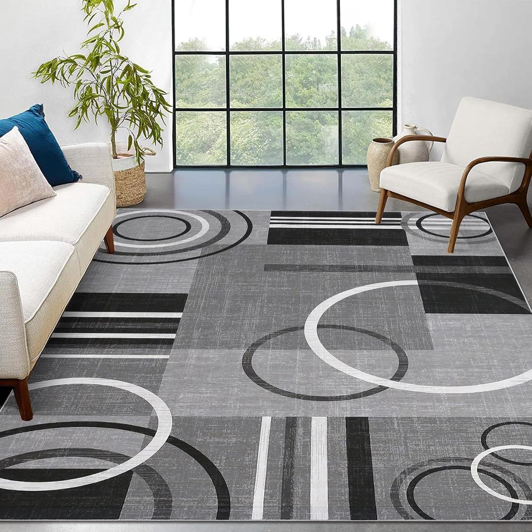 RUGSREAL 10x13 Rugs for Living Room Washable Rug Abstract Circles Rug Contemporary Modern Area Rugs Stain Resistant Low Pile Throw Carpet for Bedroom Home Decor, Grey