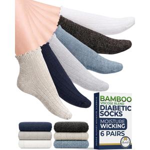 Pembrook Frill Knit Diabetic Socks for Women & Men with Bamboo Viscose - 6 Pairs Non Binding Wide Neuropathy Socks for Women