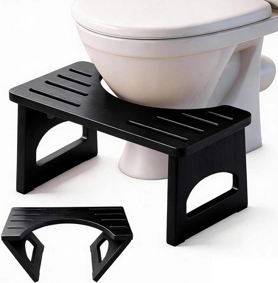 JACNITAD Foldable Toilet Stool, 7 Inch Poop Stool for Bathroom, Bamboo Toilet Stool Squat Adult, Collapsible Squatting Potty Stool with Non-Slip Strip - Improve Squatting Posture and Comfort, Black