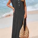 KIRUNDO Womens Summer Dresses 2026 Spring Ribbed Knit Henley Short Sleeve Maxi Dress Button Up Loose Beach Vacation Sundress (Black, M)