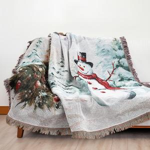 63 x 51 Inch Christmas Woven Tapestry Throw Blanket with Colorful Tassel Soft Warm Christmas Tree Snowman Blanket Warm Gifts for Women Home Chair Couch Sofa Decor