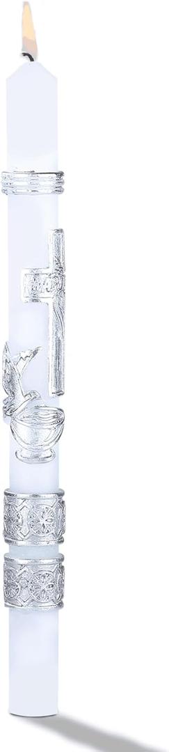 Catholic Baptism Candle - Boys & Girls - Silver, Religious, Unscented, 9.8" x 0.7"