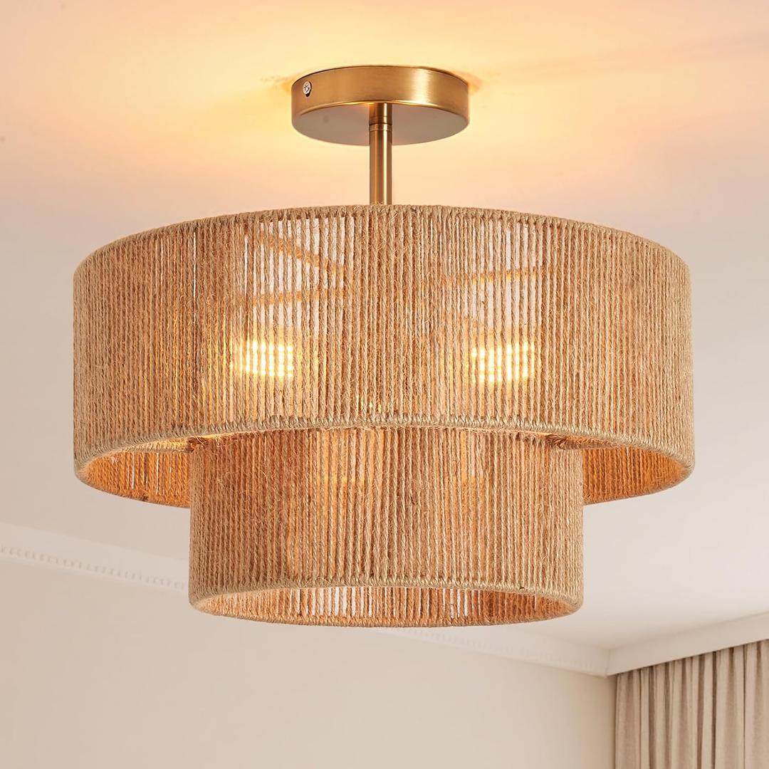 Boho Semi Flush Mount Ceiling Light Gold Rattan Ceiling Light 15.4" Farmhouse Ceiling Lamp with Natural Hemp Rope Lampshade for Dining Room Living Room Bedroom Kitchen, 16 Inch
