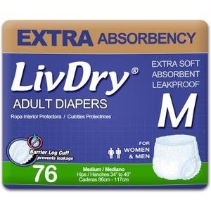 LivDry Adult Incontinence Underwear, Extra Absorbency Adult Diapers, Leak Protection, Medium, 76-Pack