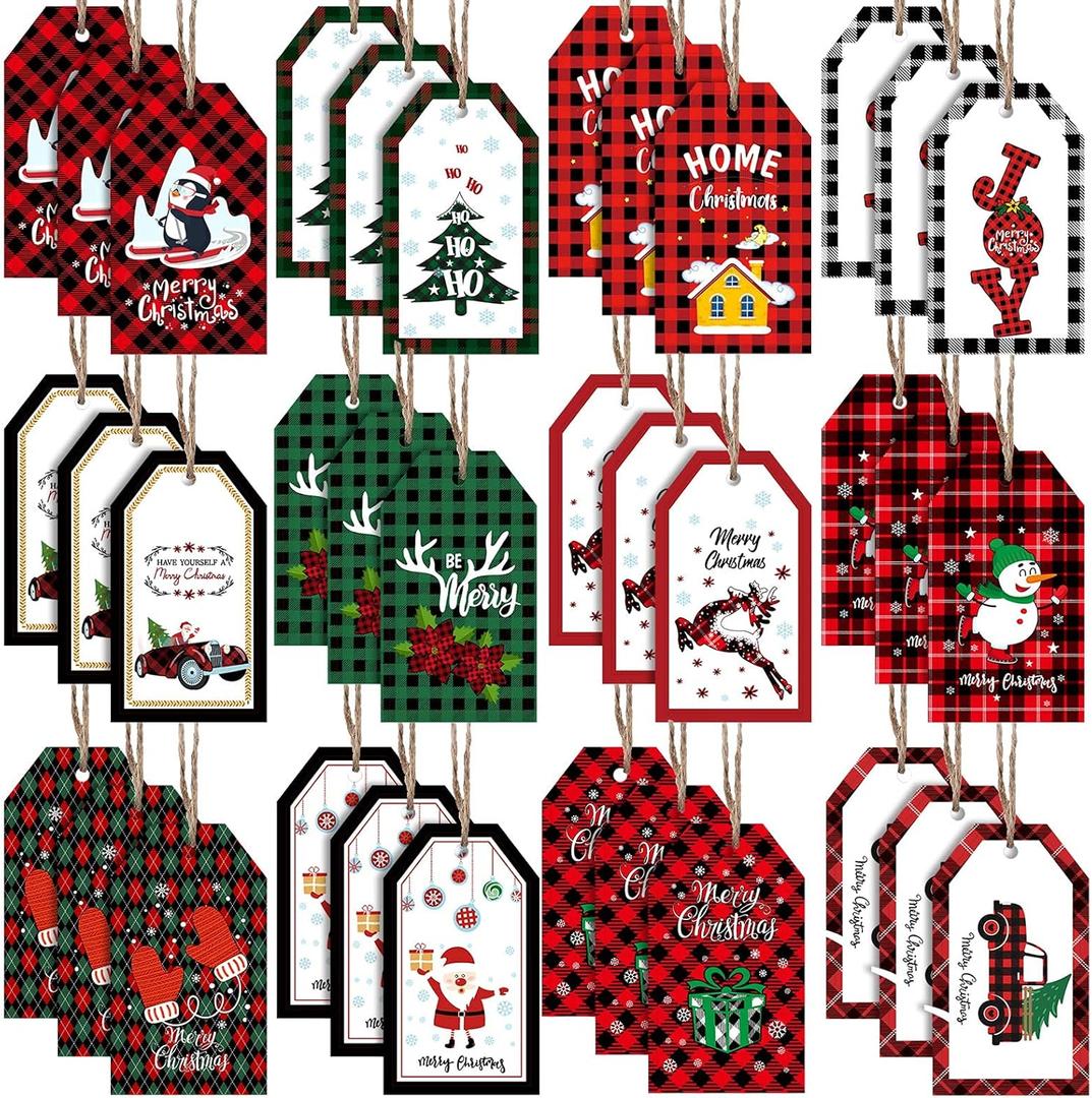 36 Pcs Christmas Plaid Wooden Tag Mini Labels 3 Inch Christmas Tree Hanging Checkered Ornaments Farmhouse Vintage Hanging Wood Slices Holiday Ornaments Santa Claus Snowman for Party Decor