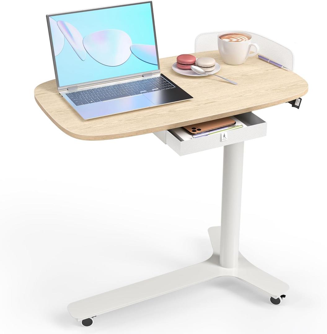 Rolling Desk Adjustable Height with Drawer and Wheels, Portable Small Standing Desk Pneumatic for Home Office, Mobile Computer Laptop Desk Cart, Medical Sofa Overbed Table, Oak (30x18 in)