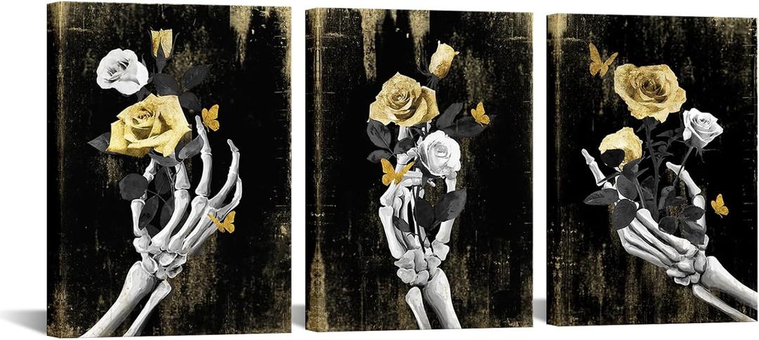 WELMECO Skull Wall Decor Gothic Room Decor Pictures Skull Art Painting Halloween Decoration 12"x16"x3 Pieces (Gold)