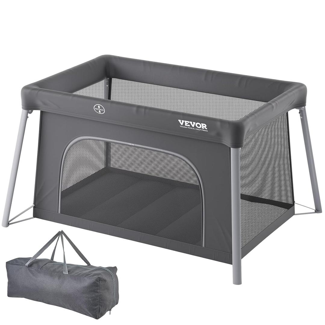 VEVOR Baby Travel Crib and Play Yard, Folding Baby Playpen with Zipper Gate & Soft Mattress, Portable Toddler Crib with Breathable Mesh, Travel Bag, Indoor/Outdoor Kids Activity Center for 0-36 Months