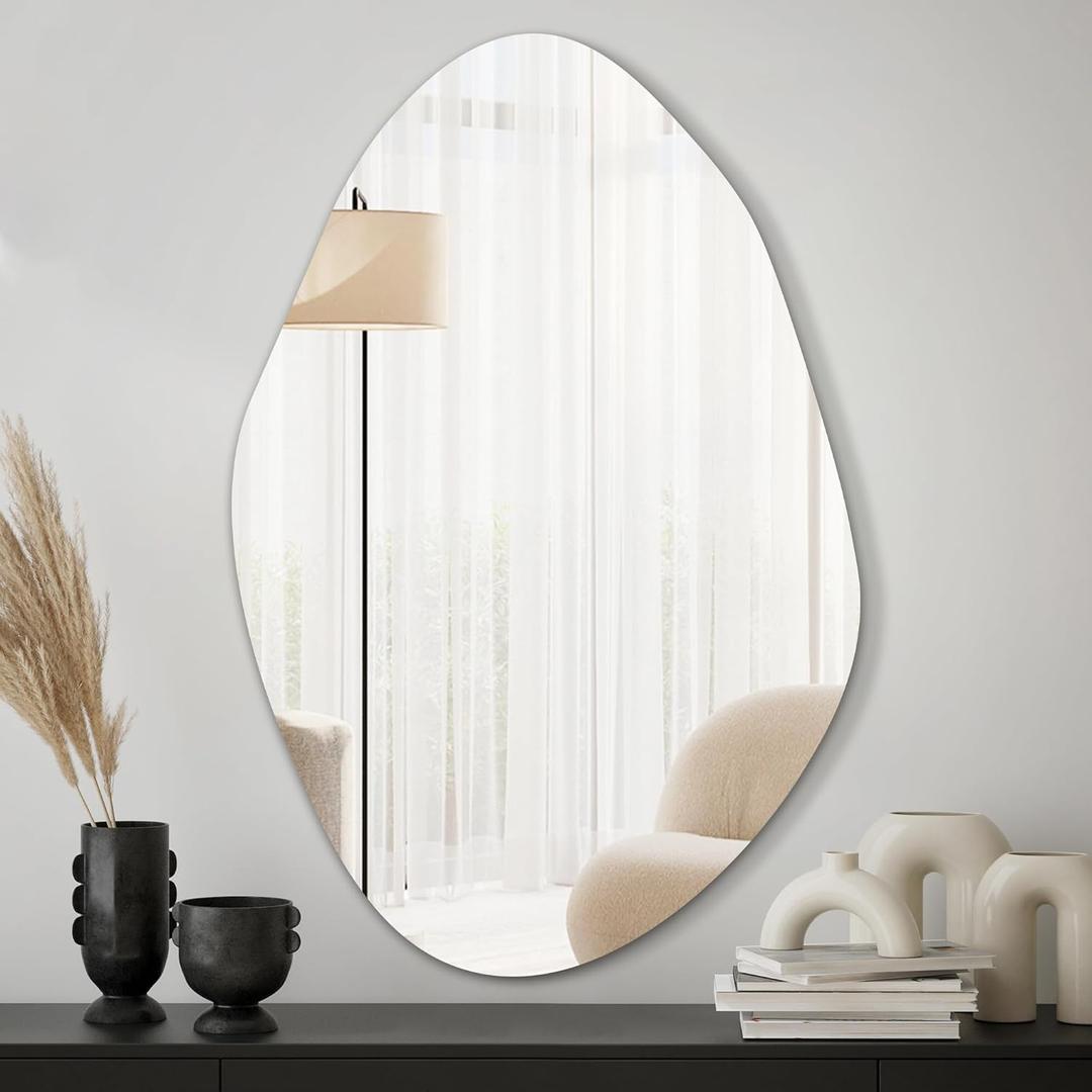 Irregular Asymmetrical Wall Mirror for Living Room Bathroom Entryway, Modern Decorative Mirror Hanging (Hook Style, 36'' x 24'') (Frameless)