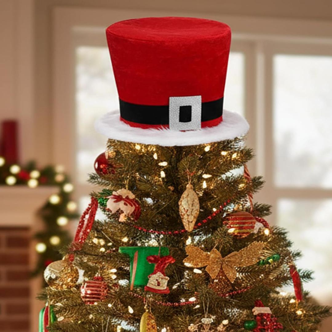 Christmas Tree Topper Hat Large Red Velvet Hat with Black Band Santa Tree Top Topper Decorations Old World Desktop Ornaments for Home Xmas Holiday Winter Decor