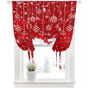 Christmas Tie Up Curtain for Kitchen Bathroom Living Room Bedroom Coffee, Red Merry Christmas Ball Rod Pocket Valance Xmas Snowflake Sparkle Adjustable Balloon Window Shade, 1 Panel 42" x 63"