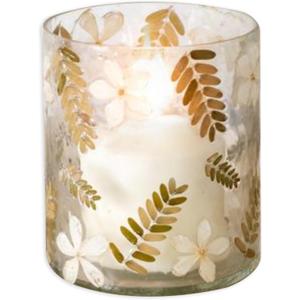 PD Home & Garden Decorative Accent 5 x 4 Inch Glass Tealight Votive Candle Holder Jar Made with Real Pressed Flowers Golden Green and White Dried Botanical Floral and Ferns