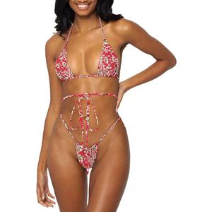 Women Halter String Bikini Set Sexy Thong Cheeky Two Piece Swimsuits Solid Color Bathing Swimwear (Small, Red Flower)