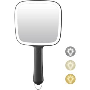 Famihomii Hand Mirror with 3 Light Color & Dimmable, Lighted Handheld Mirror, Lightweight & Durable, Portable & Hangable for Makeup Application, Hair Styling, Shaving, Battery Operated