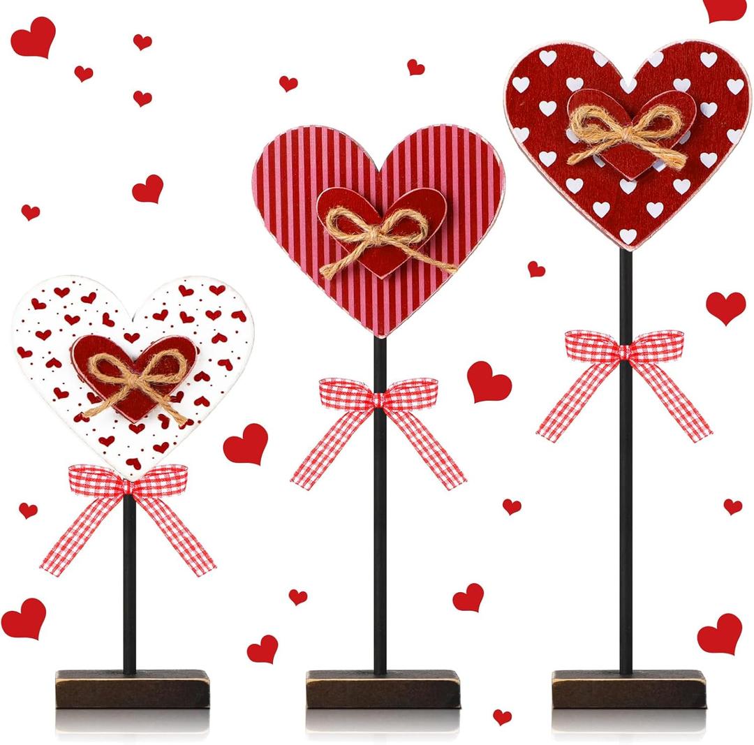 Geetery 3 Pcs Valentine's Day Decoration Heart Wooden Sign Standing Block Love Christian Tables Centerpieces Valentines Decoration Double Printed Table Sign for Wedding Party Favor Supplies(Classic)