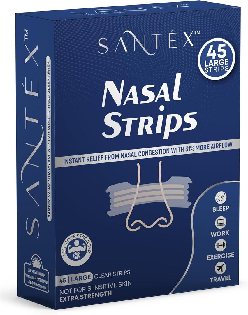 SANTÉX Large Clear Nasal Strips for Snoring Solution, Extra Strength, Nose Strips for Breathing Efficiency, Drug-Free Nasal Congestion Relief, Cold & Allergy, 45 ct., 30% More Stronger, Set of 2