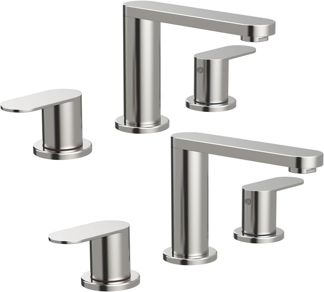 BWE 2 Pack Brushed Nickel Bathroom Faucet for Sink 3 Hole, Stainless Steel Widespread Bathroom Faucets with Pop-up Drain and Supply Lines, 360 Swivel Spout 2-Handle Bathroom Sink Faucet for Vanity (8 Inches Widespread)