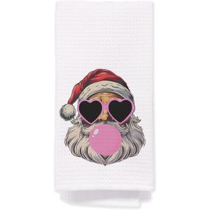 Santa Christmas Kitchen Towels - Christmas Hand Towels for Bathroom, Christmas Dish Towels for Kitchen, Pink Santa Christmas Kitchen Decor, Retro Pink Christmas Decor for Bathroom