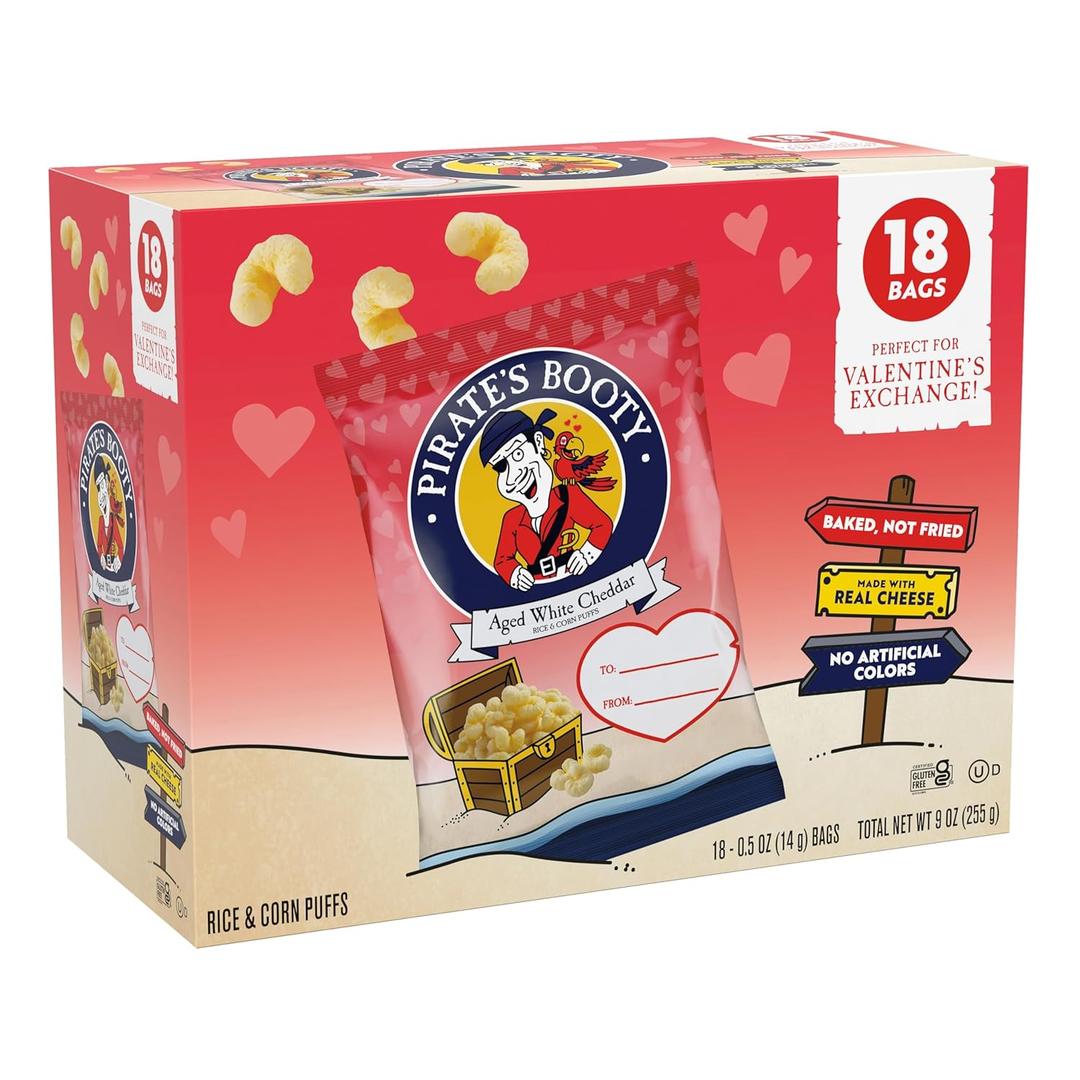 Pirate's Booty Aged White Cheddar Cheese Puffs, Valentine's Day Snack, Gluten-Free, Kids Snacks, 0.5oz (18ct) (9 Ounce (Pack of 1))