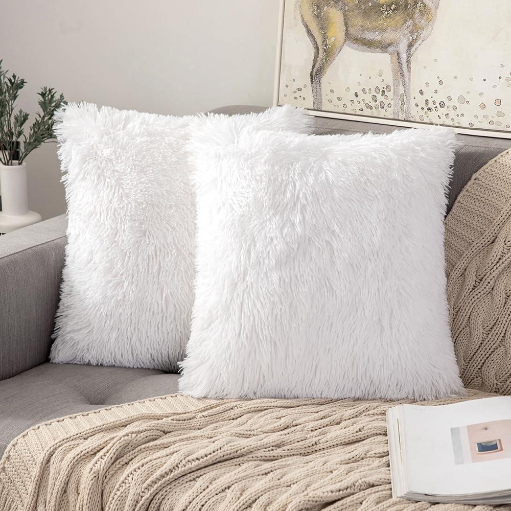 ANRODUO Pack of 2 White Throw Pillow Covers Luxury Fluffy Pillows Faux Fur Decorative Pillows Plush Cushion Case Fuzzy Mongolian Merin Style for Bed Couch Sofa Living Room Spring Home Decor 18x18 Inch