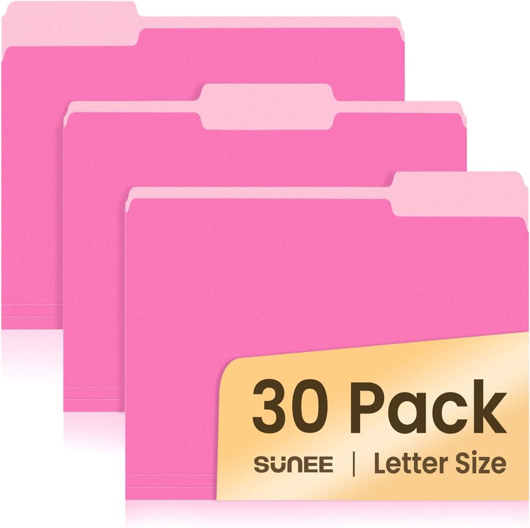SUNEE File Folders, 30 Pack Manilla Folders 8.5 x 11, Colored File Folders Home Office School Supplies for Documents Files Paper, Neon Pink