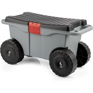 Pure Garden Rolling Garden Cart with Seat - Plastic Storage with Bench and Interior Tool Tray - Gardening Stool for Weeding and Planting (Gray)