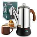 APOXCON Electric Coffee Percolator Stainless Steel Coffee Pot with Two Tough Glass Clear Brew Progress Knob & Treated Solid Wood Handle & On/OFF Switch Auto Keep Warm Cordless Serve (8 Cup)