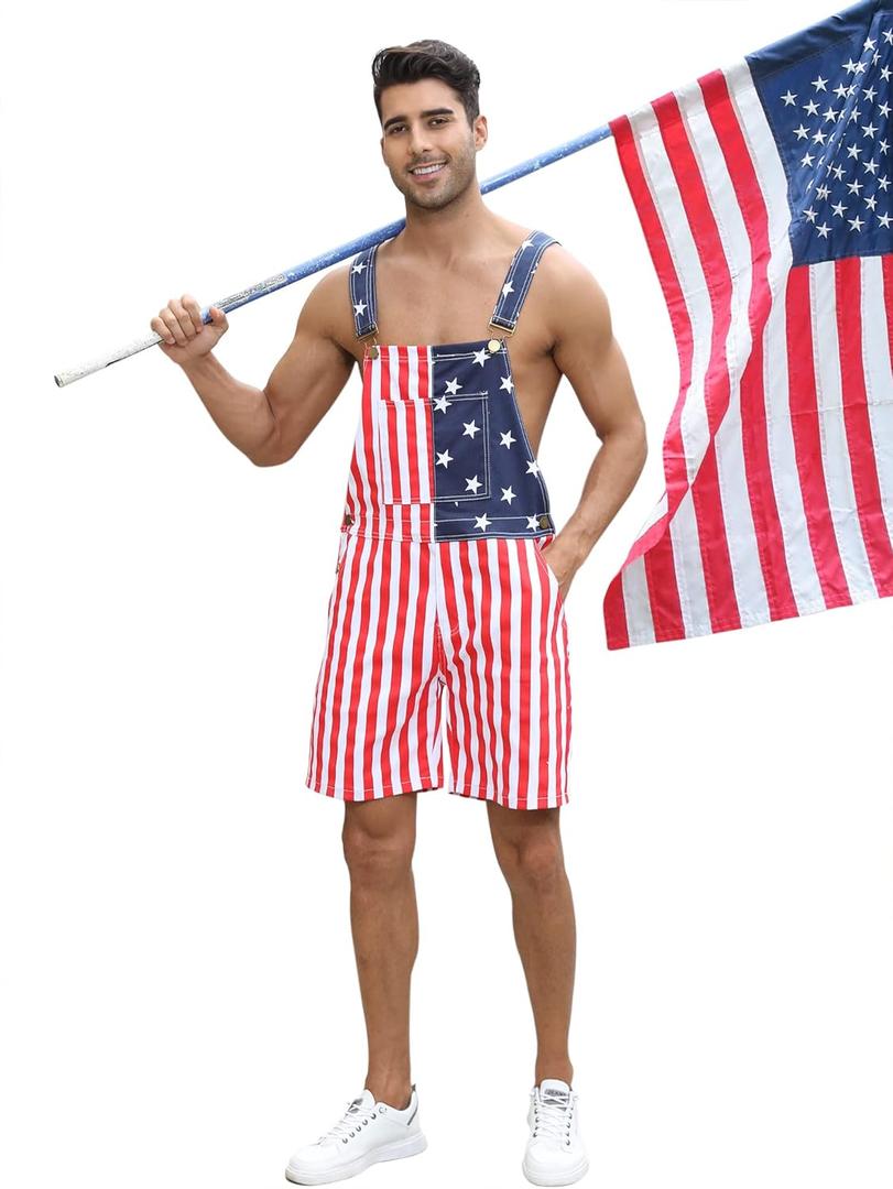 Mens Rompers American Flag Jumpsuits 4th of July Jean Overalls with Zipper Fly Bro Outfits (X-Large)
