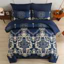 Mybedsoul Blue Gold Queen Comforter Set, 7 Pieces Boho Bed in a Bag for Queen Bed, Damask Comforter with Sheets Pillowcases, Soft Microfiber Lightweight Bedding Sets for All Season(90"x90")
