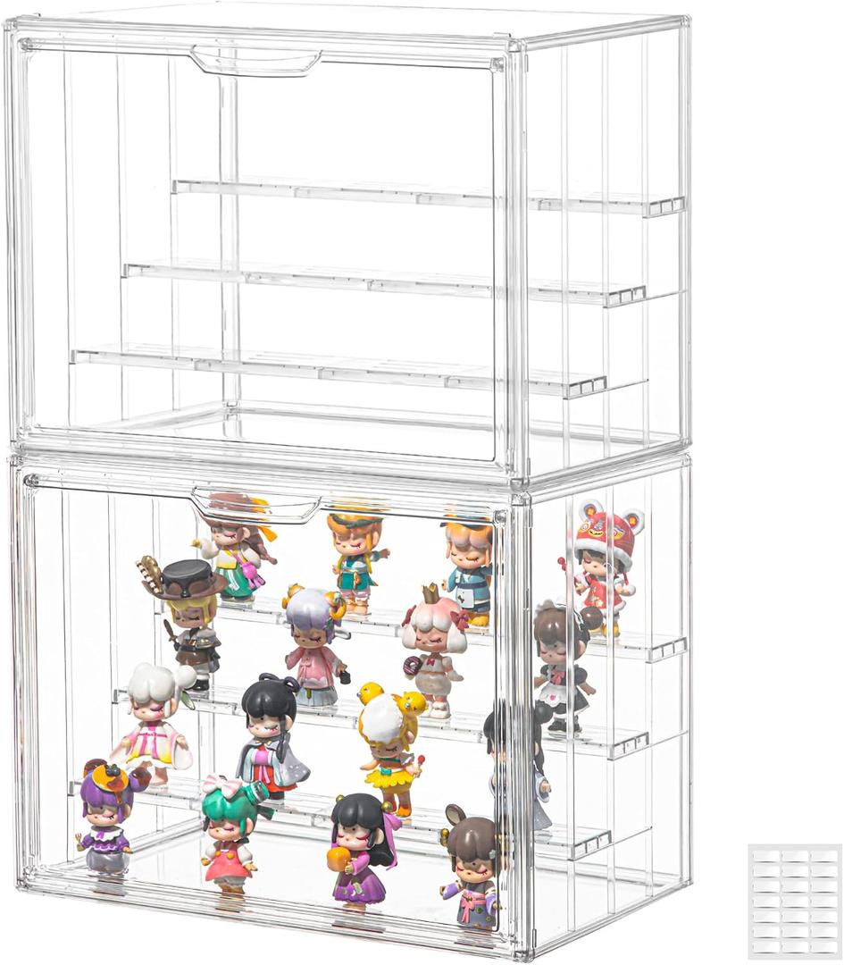 Clear Acrylic Display Case Upgrade 4 Tier Figure Display Case with 3 Movable Dividers, Stackable Display Box Showcase with Magnetic Door for Collectibles (Large-2pack)