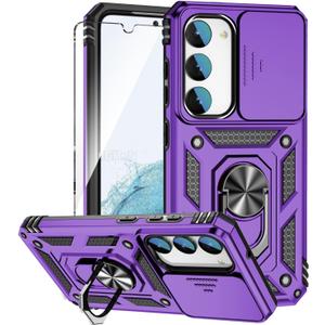 for Galaxy S23 Case with Slide Camera Cover HD Screen Protector [Military Grade 16ft. Drop Tested] Magnetic Ring Kickstand Protective Phone Case for Samsung Galaxy S23, Purple